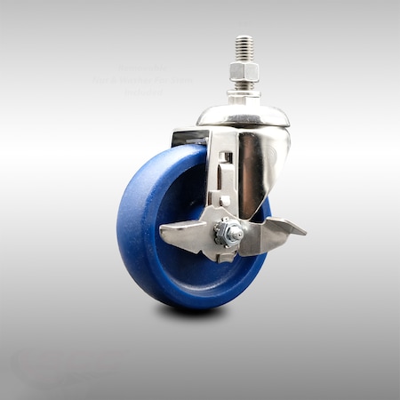 Service Caster 4 Inch 316SS Solid Polyurethane Swivel 3/8 Inch Threaded Stem Caster with Brake SCC-SS316TS20S414-SPUS-TLB-381615